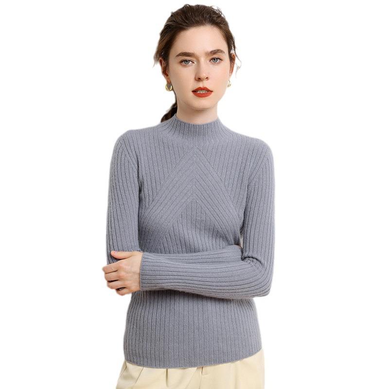 2024 Autumn/Winter Women's Ribbed Cashmere Sweater with Half-High Neck