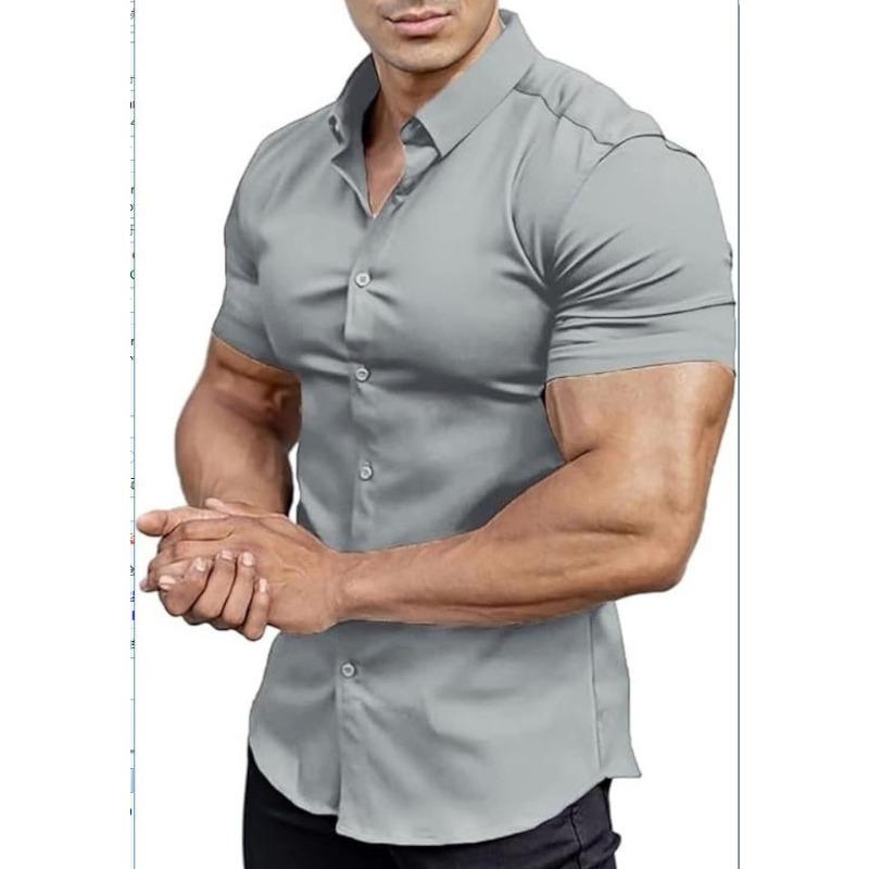 Men Short Sleeve Turn Down Collar Solid Casual Shirt