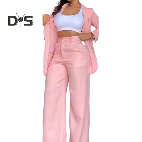 2 Pcs/Set Women Coat Pants Suit Single-breasted Turn-down Collar Long Sleeve Catdigan Jacket Wide Leg Straight High Waist Pants Lady Commute Coat