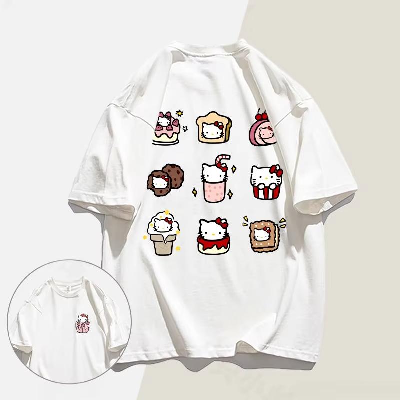 2026 Summer HelloKitty Cartoon Graphic Tee Casual Short Sleeve Cotton Tops for Adults Kids Lovely Kawaii Streetwear Style