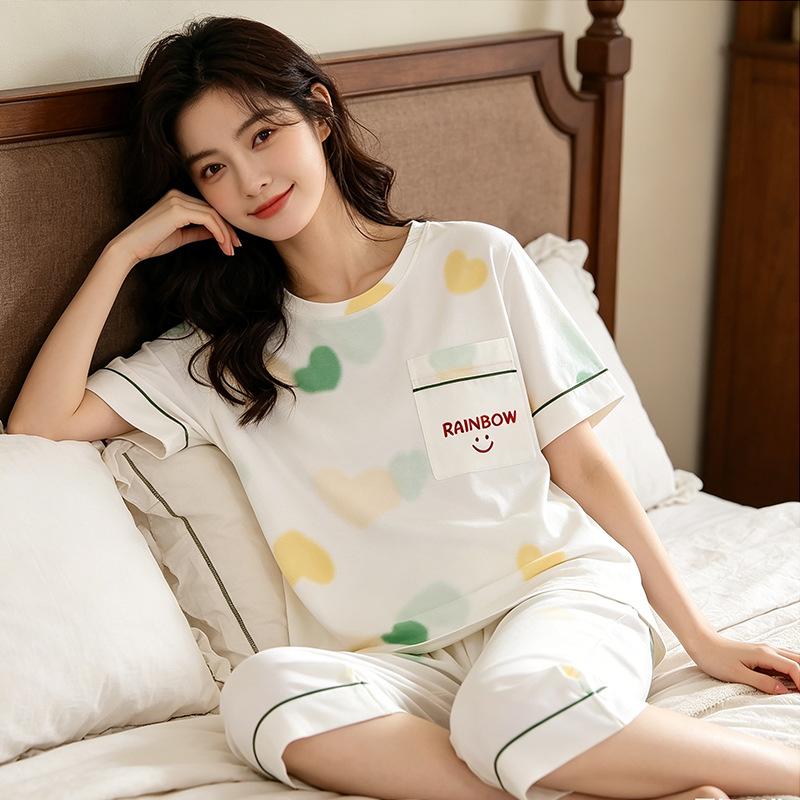 Korean minimalist style pajamas for women, summer cool thin cotton striped cropped pants, letter short-sleeve crew neck loungewear set