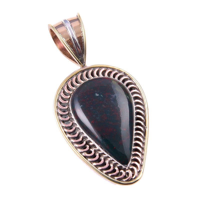 Pierre Précieuse Héliotrope Naturelle Argent Sterling Massif 925 Bicolore Pendentif 1.50" v3i56