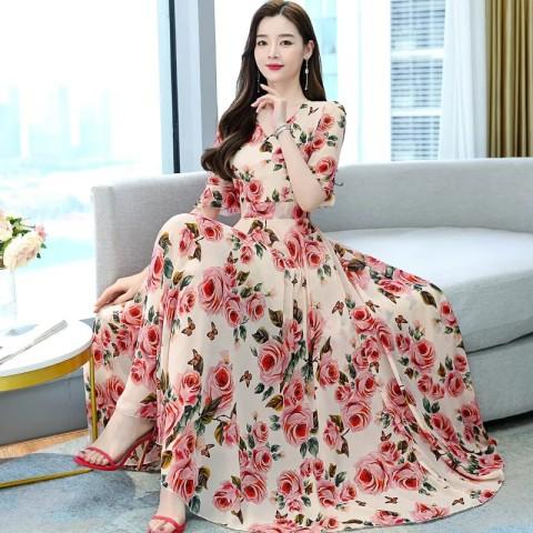 New High-end V-neck Fashion Dress, Flared Sleeves, Waist and Thin Women's Summer Temperament Skirt