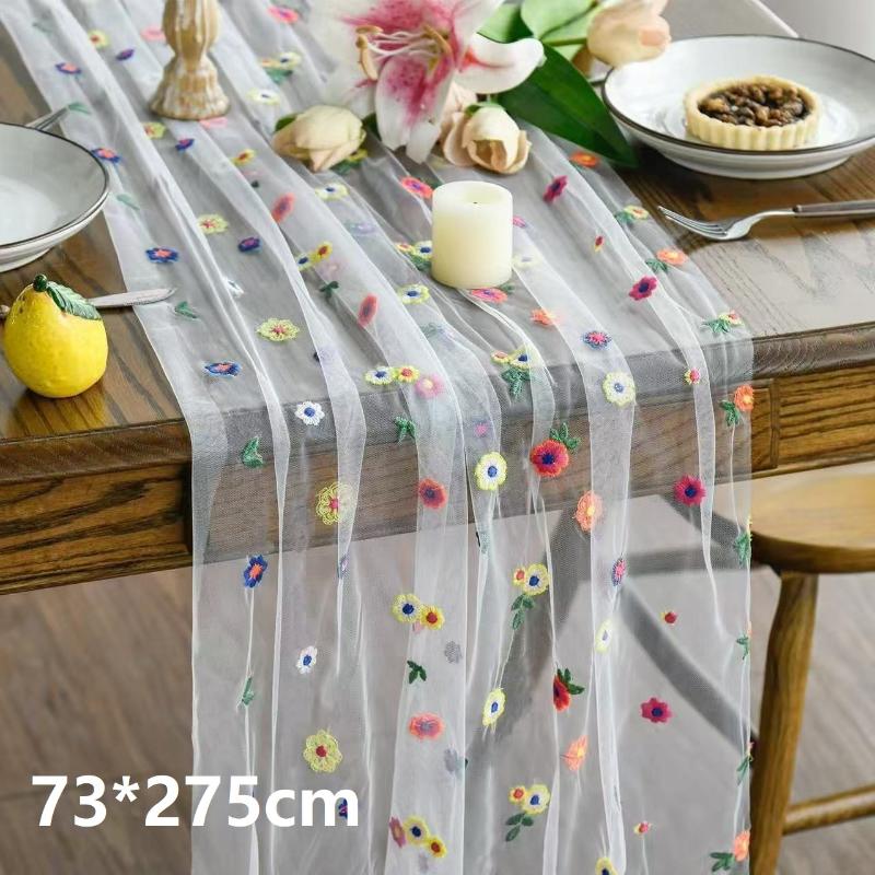 Embroidery Daisy Table Runner Floral Embroidered Lace Tulle Runner Colorful Flower Table Cover For Bridal Shower Birthday Party