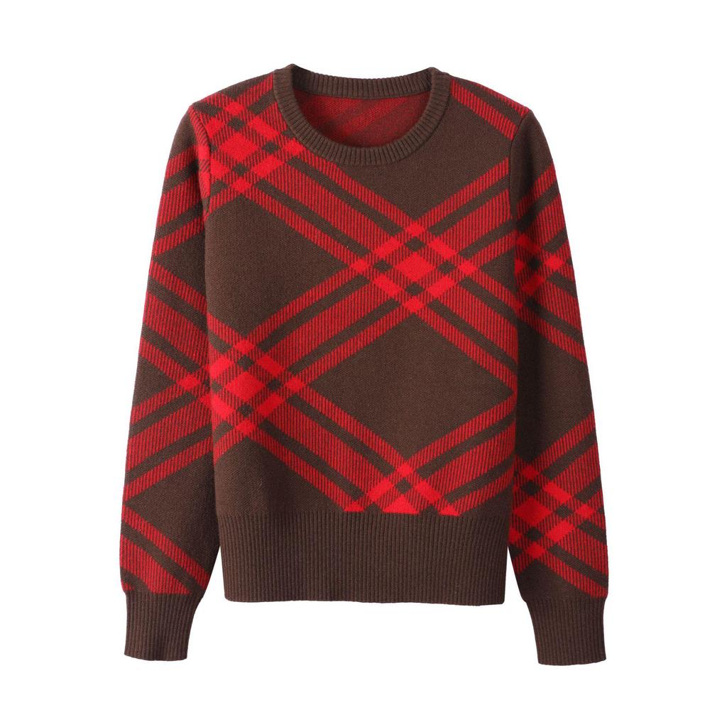 Autumn/Winter 2026 Plaid Color Block Wool Sweater - Round Neck, Loose Fit, Slimming, Versatile Design