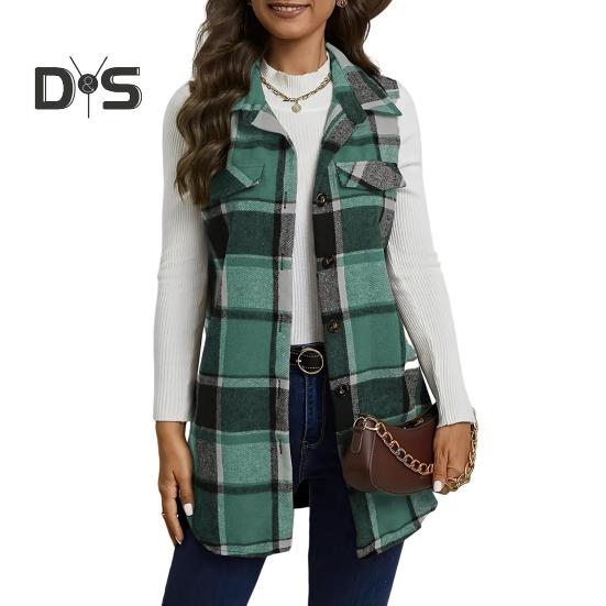 

Женский жилет весна-осень с отложным воротником и клетчатым принтом, без рукавов, свободный однобортный жилет средней длины, пальто, верхняя одежда для школы и поездок на работу S темно-зеленого