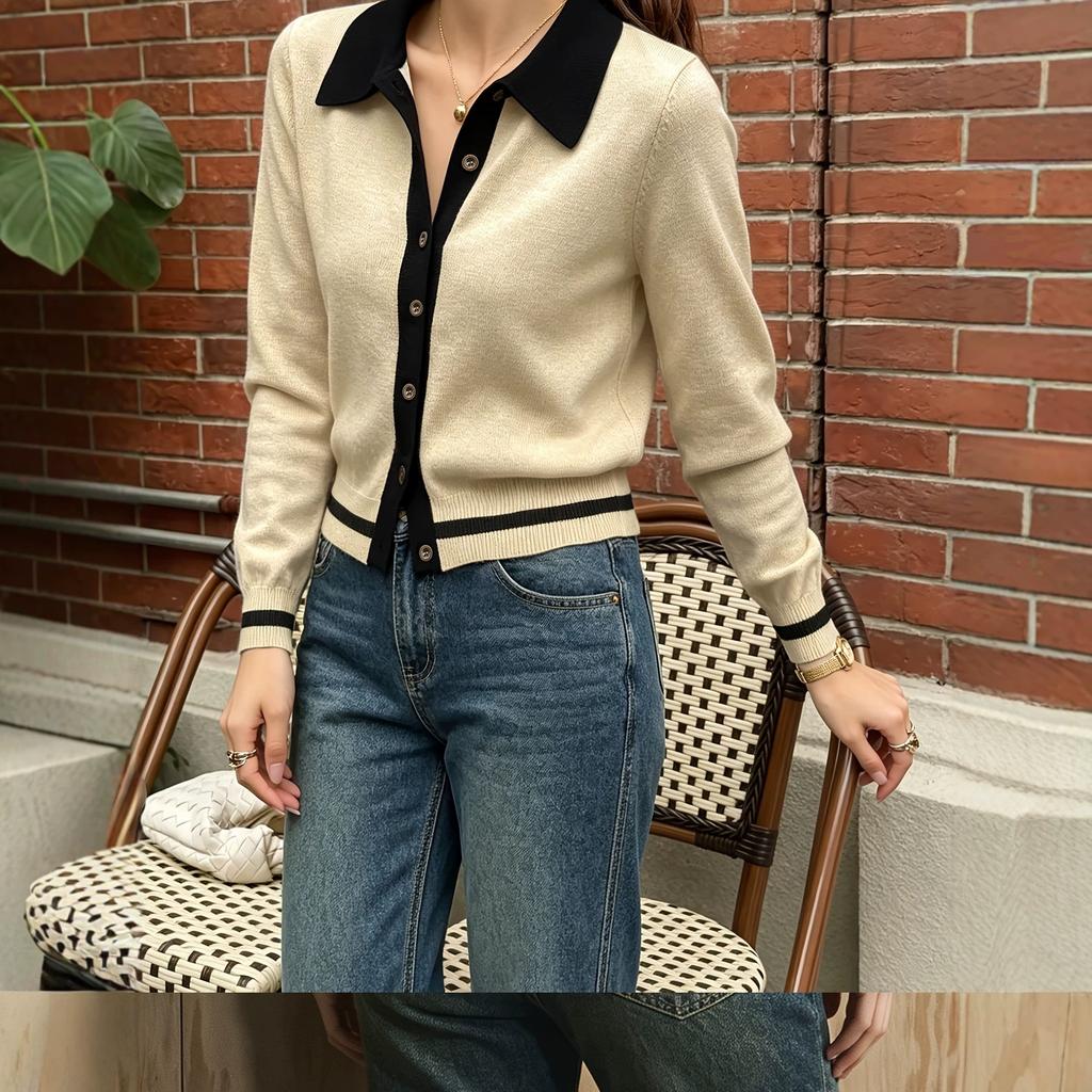 Women's Cardigan, Color-Block, Button-Front, Long Sleeve, Slim Fit