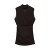 European and American style new women's clothing fashion temperament sleeveless stand-up collar pleated hip wrap mini dress