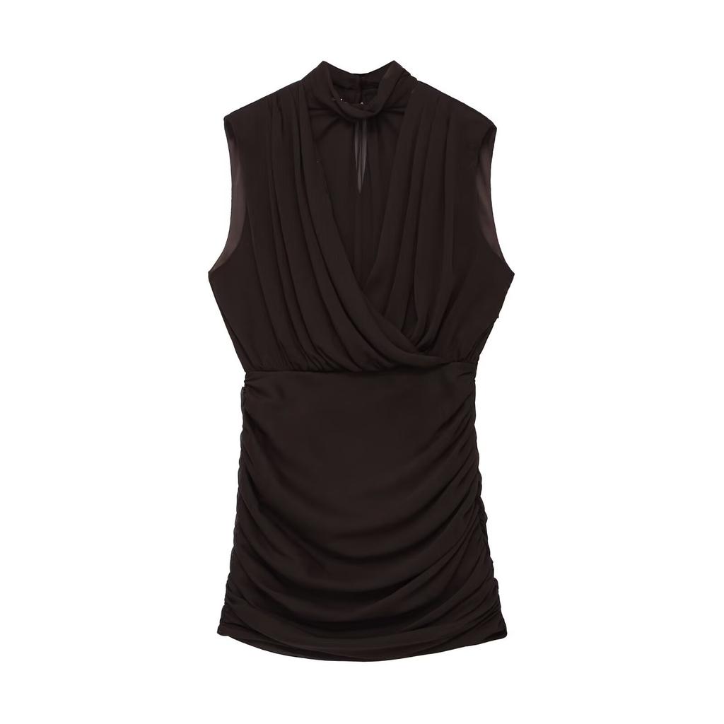 European and American style new women's clothing fashion temperament sleeveless stand-up collar pleated hip wrap mini dress