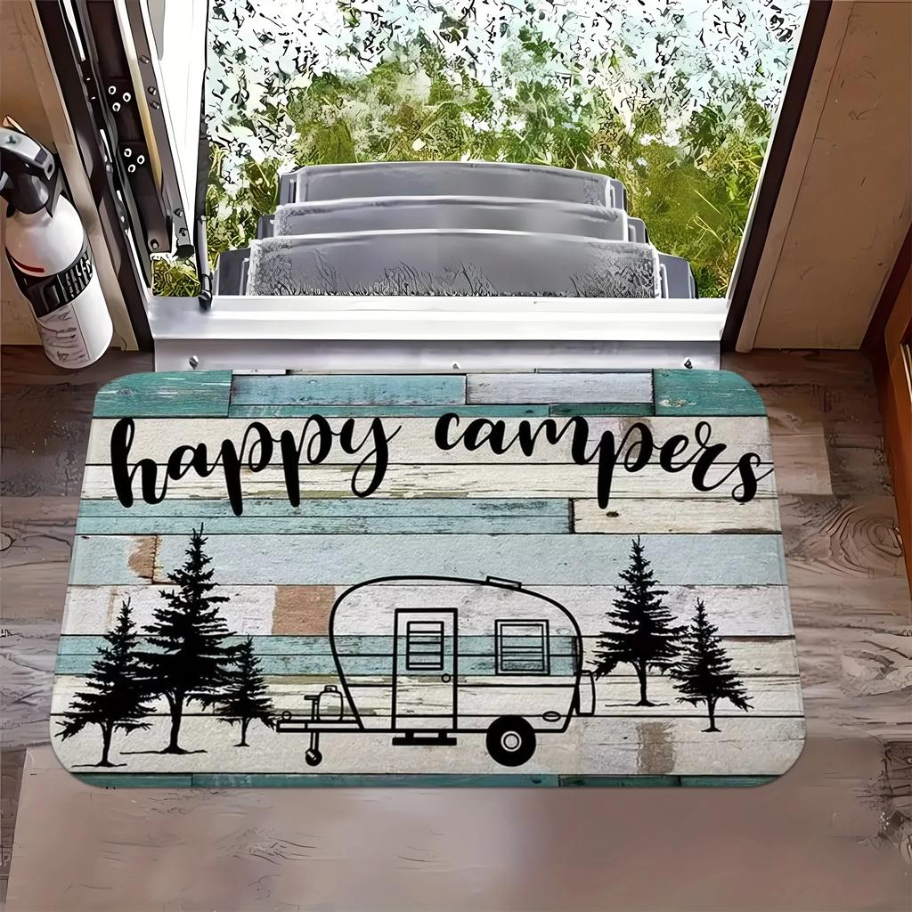 Happy Campers Camping Themed Door Mat Stain Resistant Flannel Rug for Living Room Bedroom Kitchen Office Vacation Home Decor