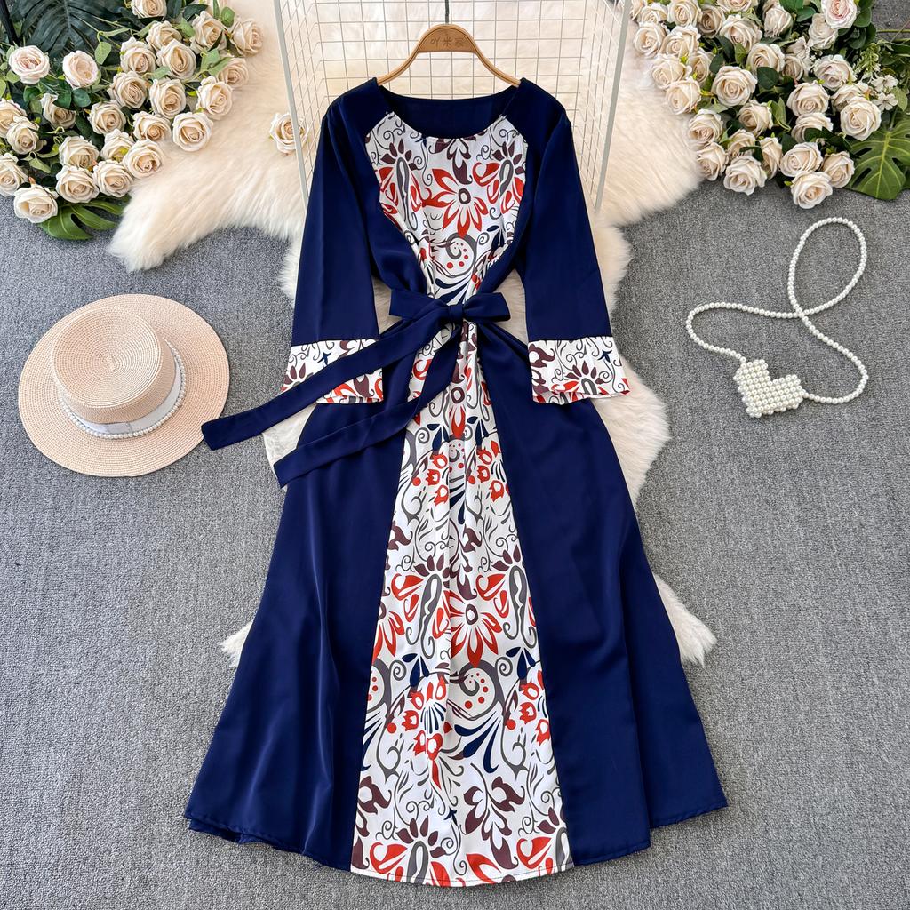 Podzimní Vintage Dámské Tištěné Patchworkové Dlouhé Šaty Elegantní O-Výstřih Vysoký Pas A-Linie Ležérní Maxi Šaty Dámské Sváteční Šaty