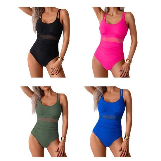 Sexy One-piece Swimsuit U-neck Sleeveless Backless Sexy Monokini Pure Color Mesh Splicing Slim Fit Tummy Control Removable Pads High Waist
