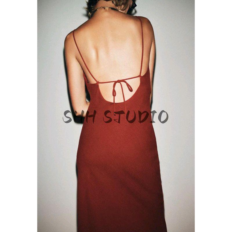 Autumn New Women's Clothing Straight Collar Open Back Ramie Blended Sling Midi Skirt Dress 3387730 8478730