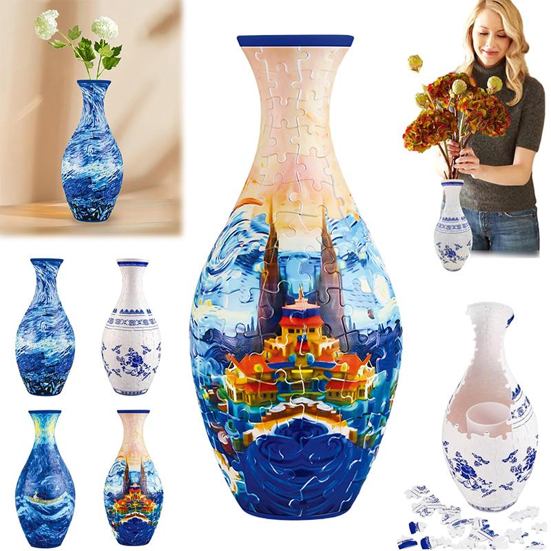 Vaso de quebra-cabeça 3D DIY Montagem Azul e Branco Porcelana Design Plástico Decoração para casa e arranjo de flores Brinquedos para crianças Presentes
