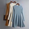 Abito corto in maglia lavorato a maglia da donna, manica lunga casual, o collo, vita alta, fondo sottile, per il tempo libero, nero blu marrone albicocca