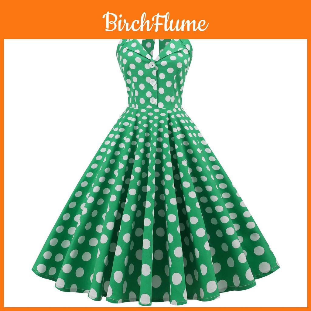 Vintage Dot Print Vneck Sleeveless Midlength Dress For Women
