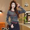 Red Contrasting Striped Long-sleeved Knitted Sweater Autumn New Slim-fitting and Thin Versatile Top