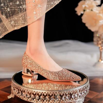 Low Heel Shiny Glitter Pointed Women's Shoes Red High Heels Comfortable Wedding Shoes Banquet Shoes Bridesmaid Shoes
