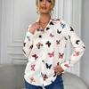 Damen Bluse Modisch Bedrucktes Langarmshirt Schmetterling Bedrucktes Reversshirt
