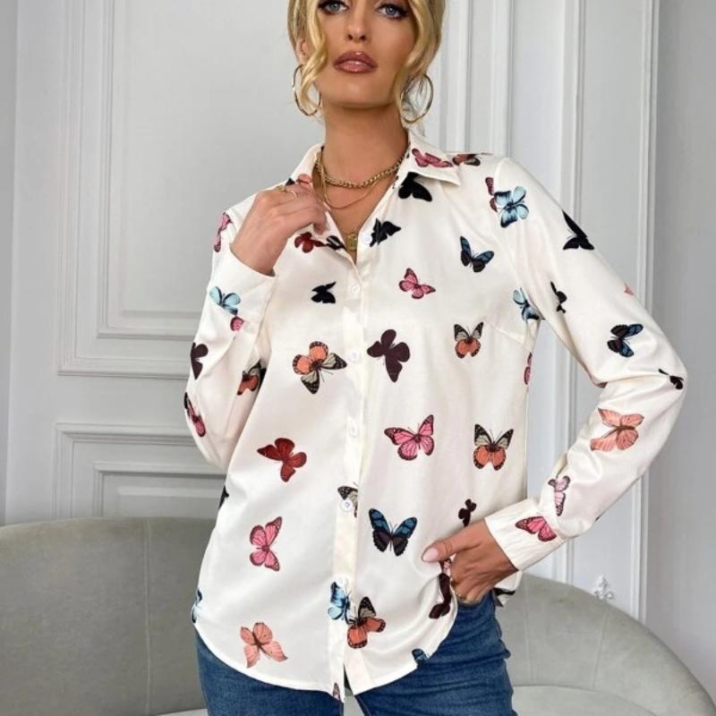 Damen Bluse Modisch Bedrucktes Langarmshirt Schmetterling Bedrucktes Reversshirt