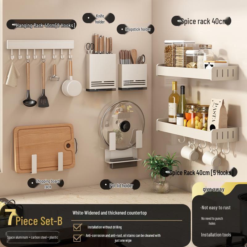 White Wall-Mounted Kitchen Rack: No-Drill Seasoning, Knife, and Chopsticks Organizer