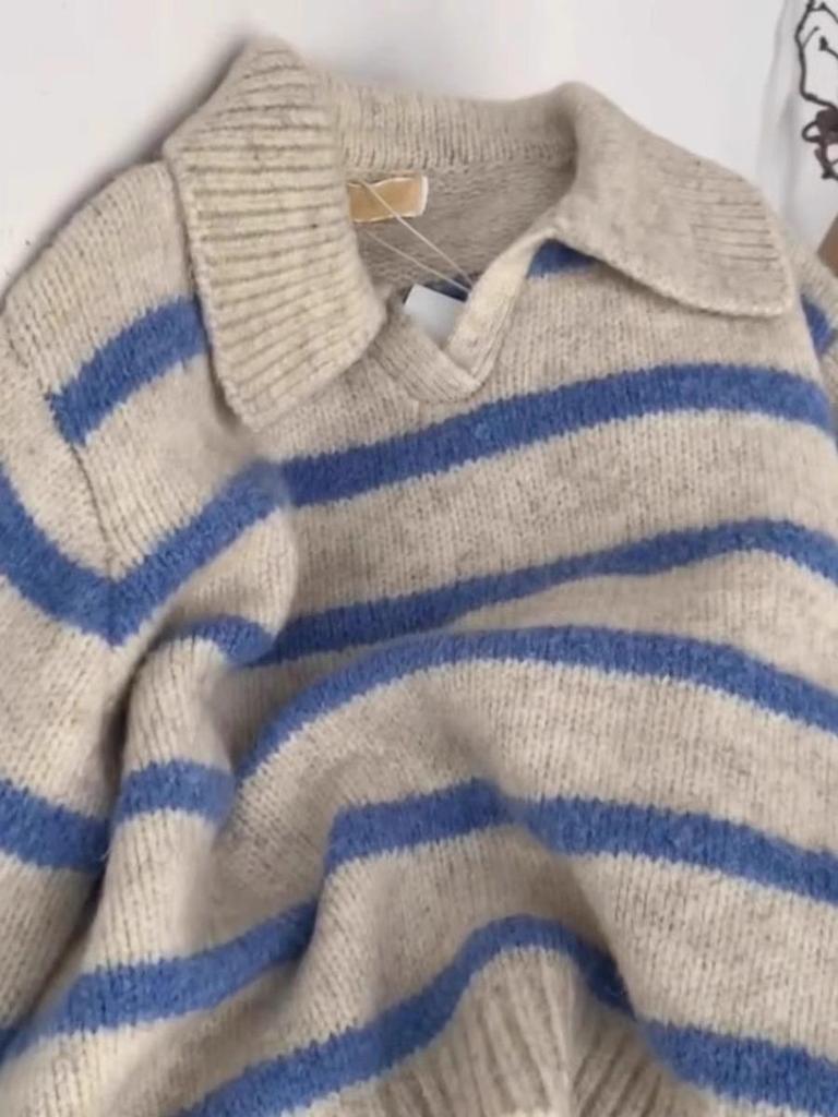 Damen Europäischer Blauer Gestreifter Strickpullover mit Polokragen und langen Ärmeln