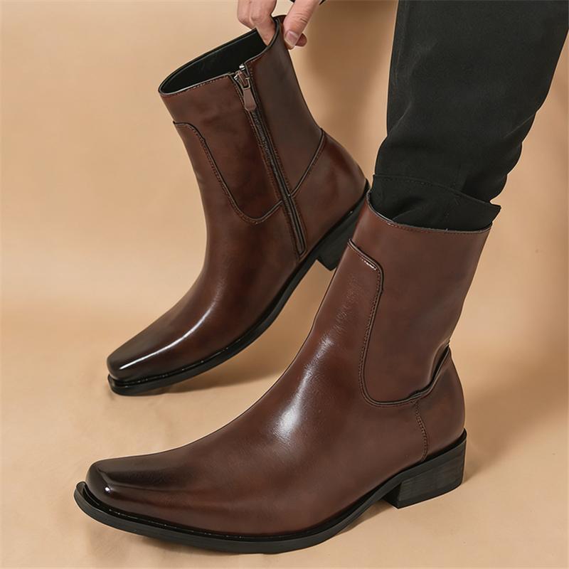 Luxury Fashion Designer New Men's Pointed Black Brown Patent Leather Casual Ankle Boot Male Winter High Tops Hoes Zapatos Hombre