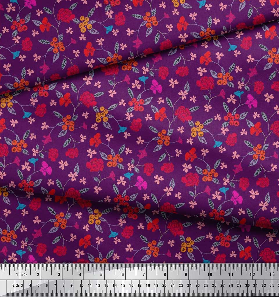 Soimoi Japonská krepová saténová látka Bobule, Listy a Květinový umělecký potisk Látka na metr 42 palců