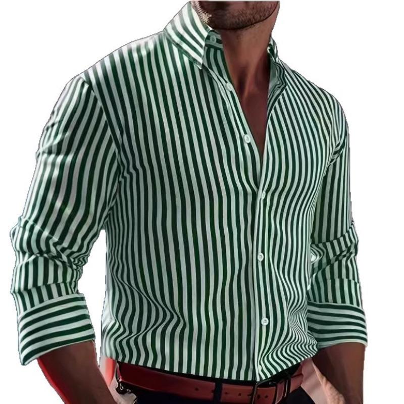 Men Lapel Long Sleeve Shirt Classic Black White Vertical Stripe Slim Fit Button Down Top for Business Daily Casual Wear