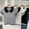 Women's Summer Contrast Collar Short Sleeve Knit Top Hollow Out Striped