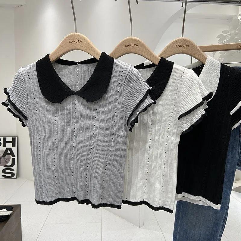 Women's Summer Contrast Collar Short Sleeve Knit Top Hollow Out Striped