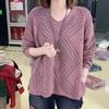 Women's Long Sleeved V-neck Knitted Sweater Loose Korean Fashion Hollow Out Knitted Sweater Top