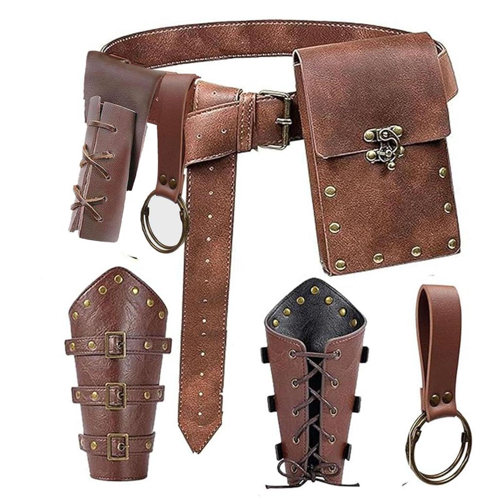 Medieval Leather Waistband Belt with Cord and Pouch