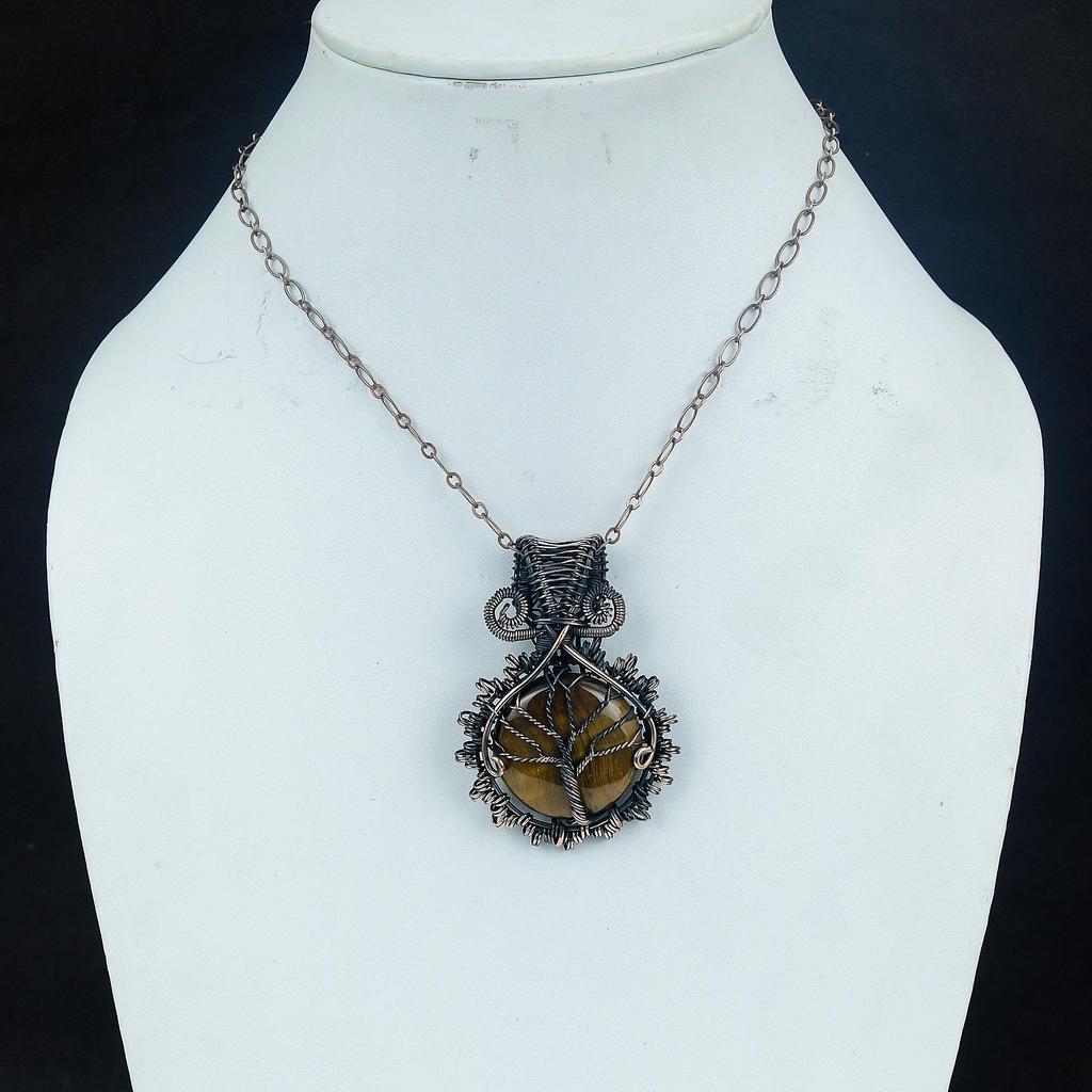 Tiger's Eye 999 Copper Wire Wrapped Pendant, Handmade Gemstone Pendant, Gift For Mom Antique Jewelry