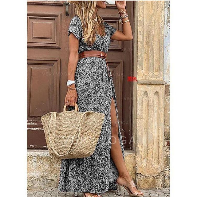 Floral V Neck Dress Women Fashion Bohemian Style Versatile Leisure Vacation Commuter
