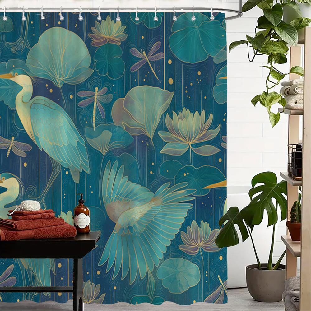 Tenda da Doccia Airone & Loto – Stampa Acquerello Art Nouveau con Libellule su Sfondo Blu Petrolio Intenso, 12 Ganci, 70,87×70,87 Pollici