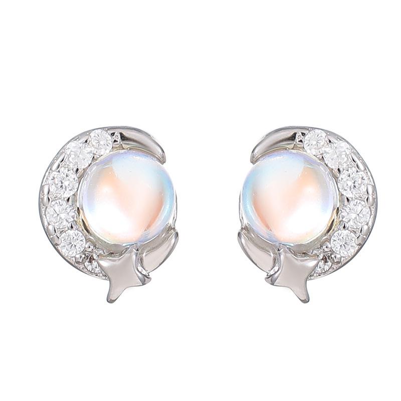 Boucles d'oreilles en argent S925 Pierre de lune pour femmes – Design étoile et lune
