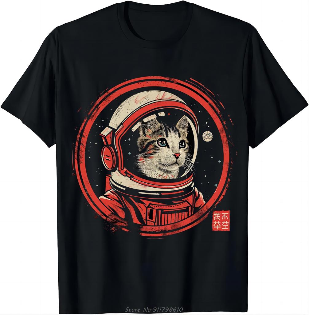 Space Cat Courage Japanese Retro Kawaii Cute Astronaut Cat T-Shirt Cotton Oversized Unisex Tshirt Men's Clothing Fitness Tshirt