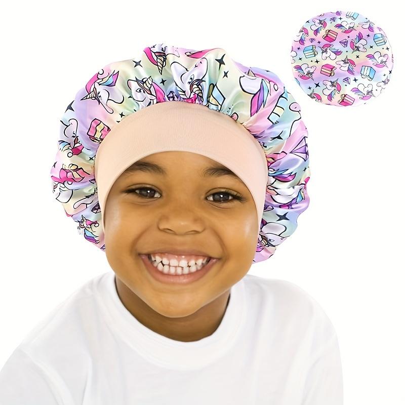 Unicorn Cartoon Printed Satin Sleep Cap for Kids, Soft Silky Bonnet Hair Protection Hat for Toddlers & Babies, Girls  Nightwear Accessory 9.84inch