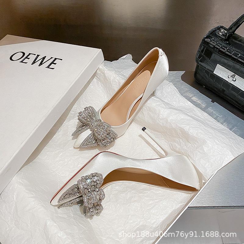 Black bow high heels women's 2025 new design sense beautiful sexy pointed temperament banquet stiletto shoes