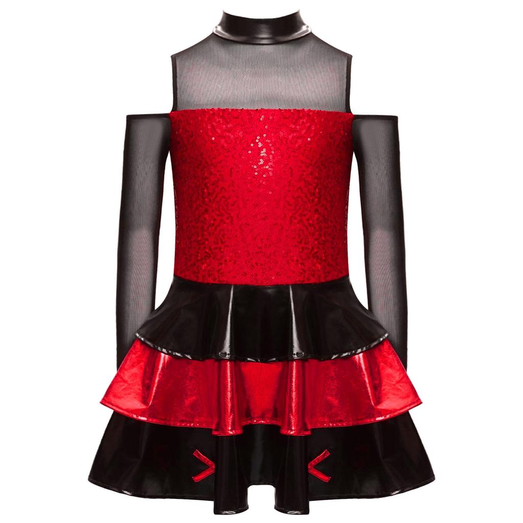 Vestido de Menina Brilhante com Lantejoulas em Camadas e Babados Ombro a Ombro Manga Longa Gola Alta Roupa de Jazz