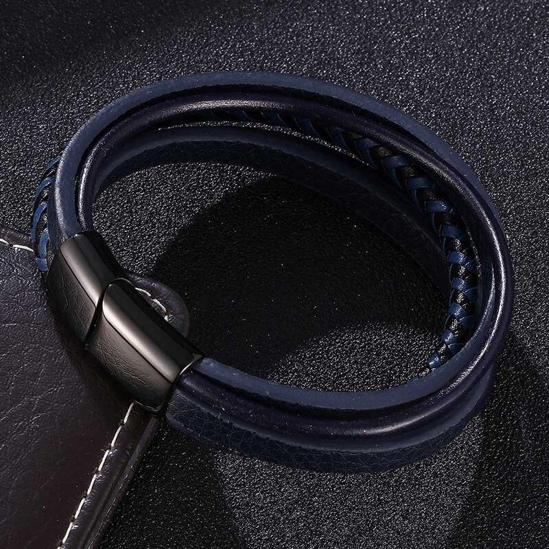 New Men Bracelet Stainless Steel Magnetic Clasp Braided Mutilayer Leather Wrapping Punk Rock Bangles Man Jewelry Gift BB1078