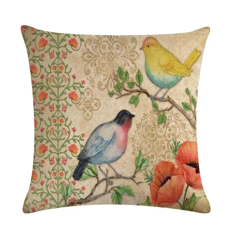 Lovely Flower And Bird Cushion Cover Retro Print Linen Pillowcase Decoration Living Room Bedroom Sofa Car 45*45Cm