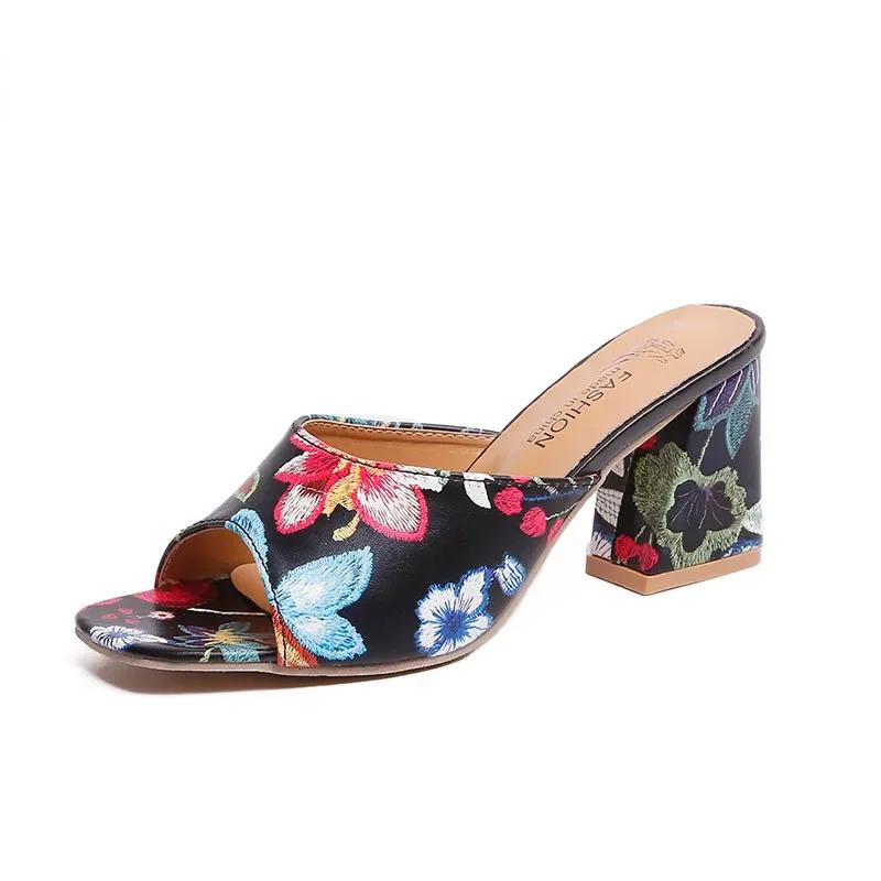 Womens Sandals Printed Summer 2024 New Thick-heeled Popular High-heeled Sexy All-match Half-slippers Open Toe Casual Basic Shoes