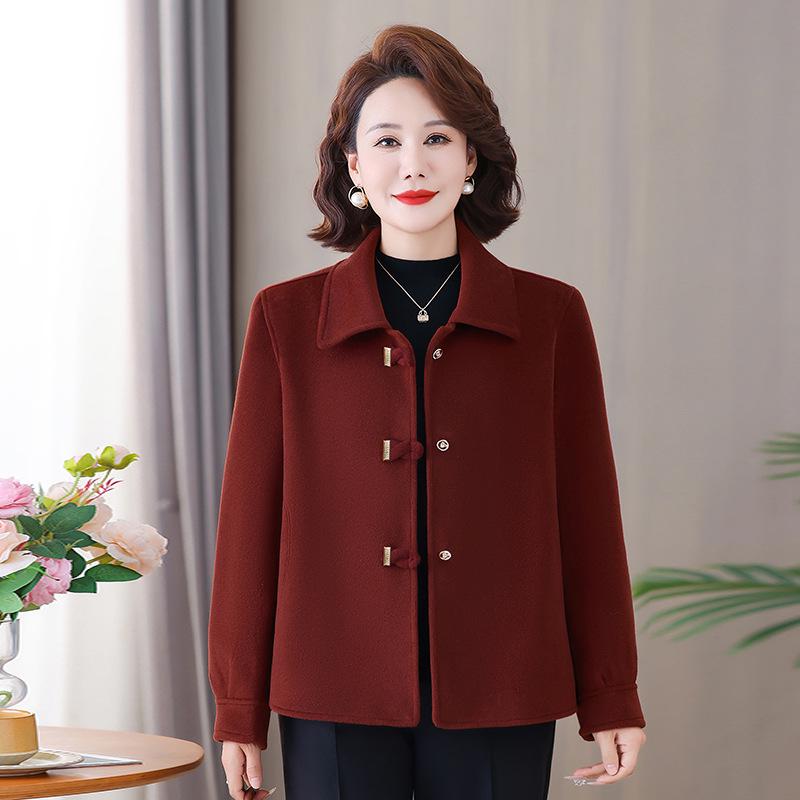 

2026 Fashionable Spring & Autumn Woolen Coat for Mothers – Short Mid-Age Women s Overcoat 4XL (suggested weight 133-143 jin) вина червоного кольору