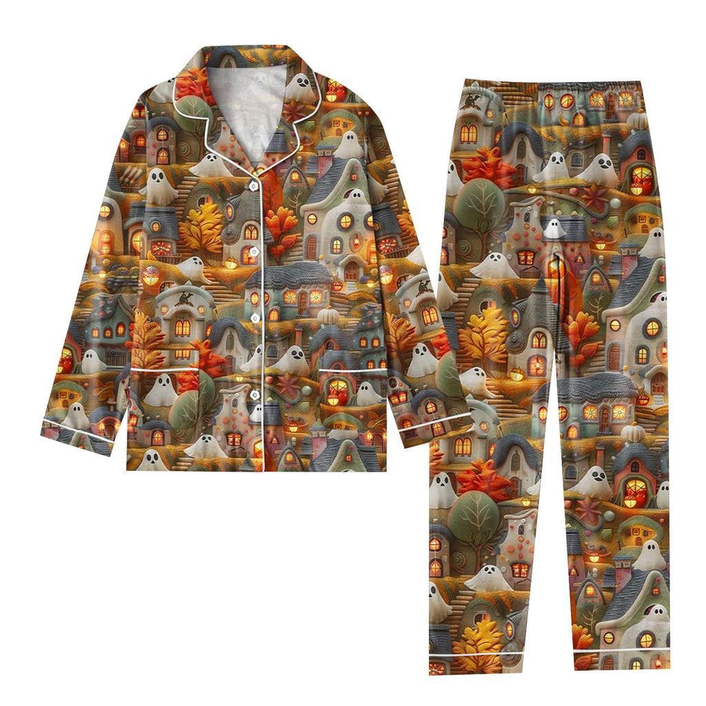 2-teiliger bedruckter Damen-Anzug, langärmelig, Oberteil mit Knopfleiste, weite Hosen, Anzug-Set, Schlafanzug, Home-Casual-Anzug