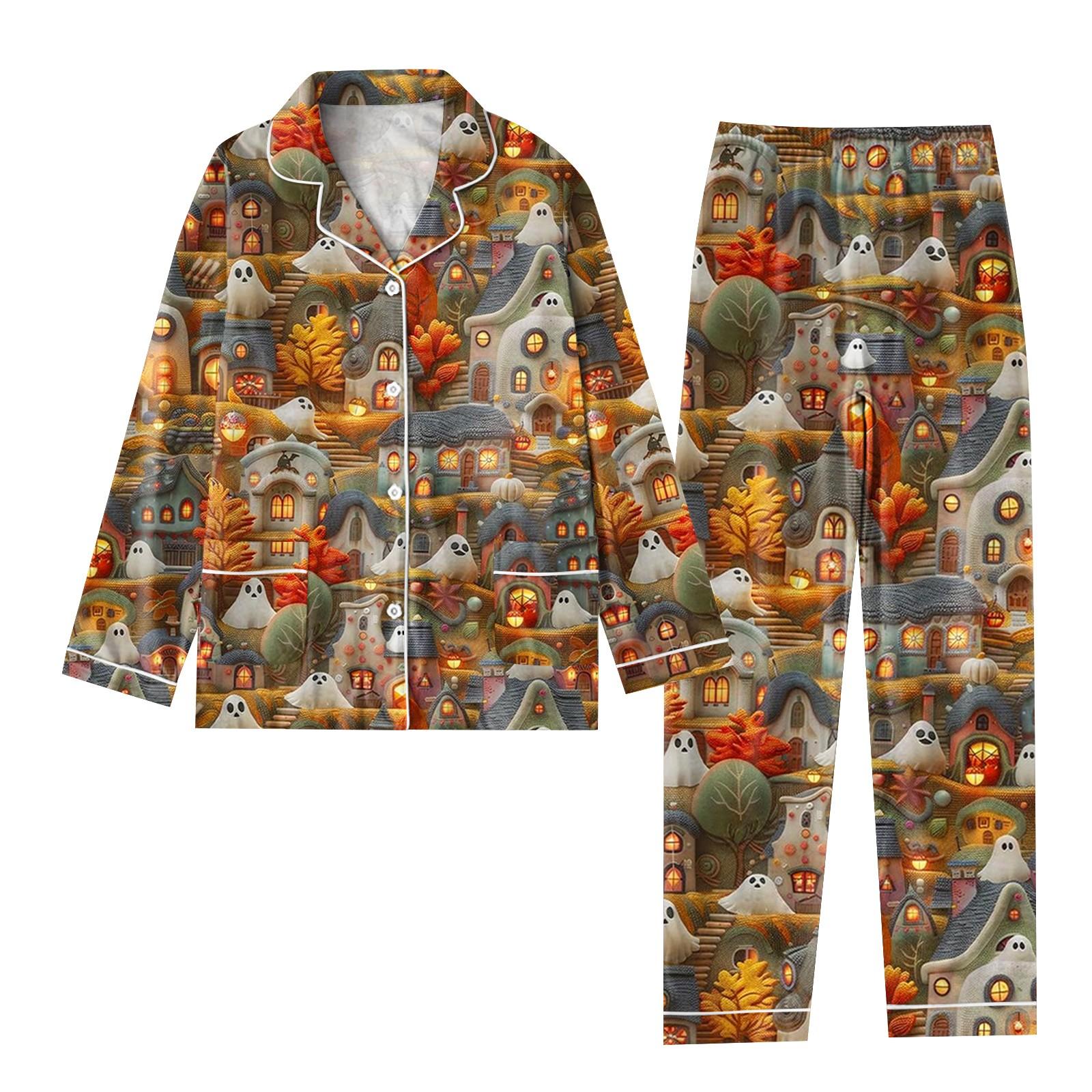 

Женский костюм из 2 предметов с принтом, топ на пуговицах с длинными рукавами, широкие брюки, комплект, пижамный домашний повседневный костюм L коричневый