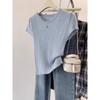 Summer Thin Ice Silk Knitted Short-sleeved T-shirt for Women, High-end Sense, Slim and Thin Temperament, Front Shoulder T-shirt A4304