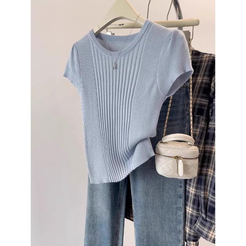 Summer Thin Ice Silk Knitted Short-sleeved T-shirt for Women, High-end Sense, Slim and Thin Temperament, Front Shoulder T-shirt A4304