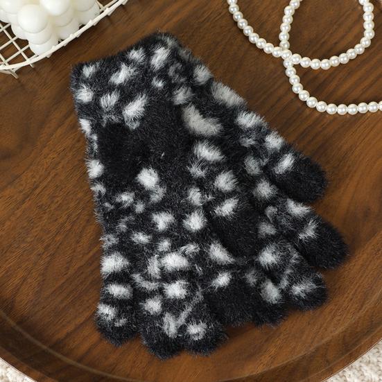 1 Pair Knitted Gloves Leopard Print Plush Warm Winter Gloves with Tie-Dye Color Bow Decoration Touchscreen Gloves